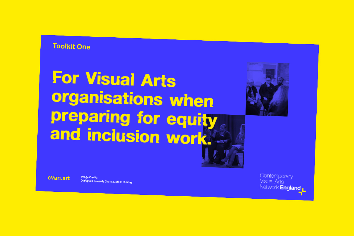 Image of the cover slide of CVAN's toolkit for visual arts organisations perparing for equity and inclusion work.